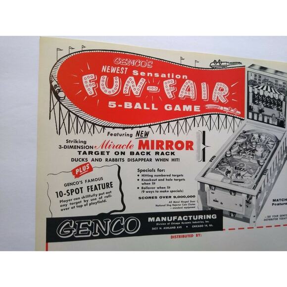 Fun Fair Pinball Flyer Genco Carnival Games Amusement Park Original NOS 1958 - Picture 5 of 5